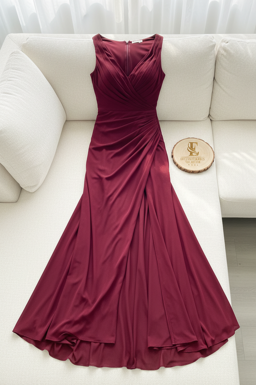 Vestido Largo Vino Borgoña — Escote V Cruzado, Drapeado Frontal & Abertura Lateral cod.890
