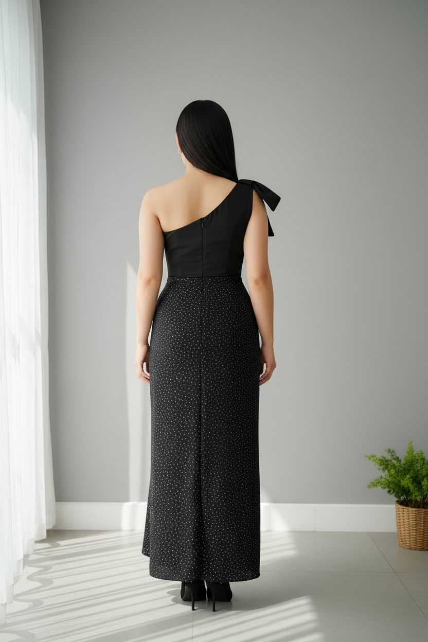 Vestido Negro Un Hombro con Moño y Falda Glitter con Abertura cod.735