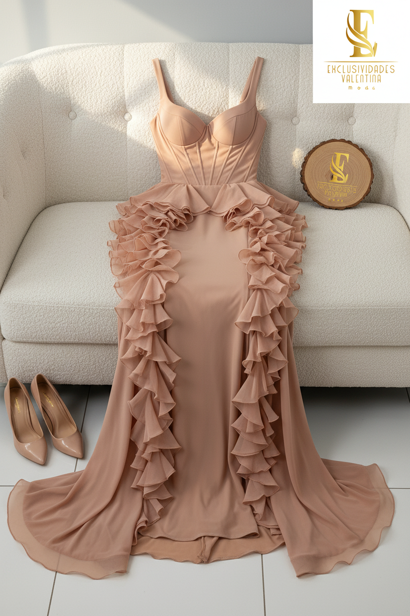Vestido Nude Corsé Ruffle Cascade con Abertura cod.585