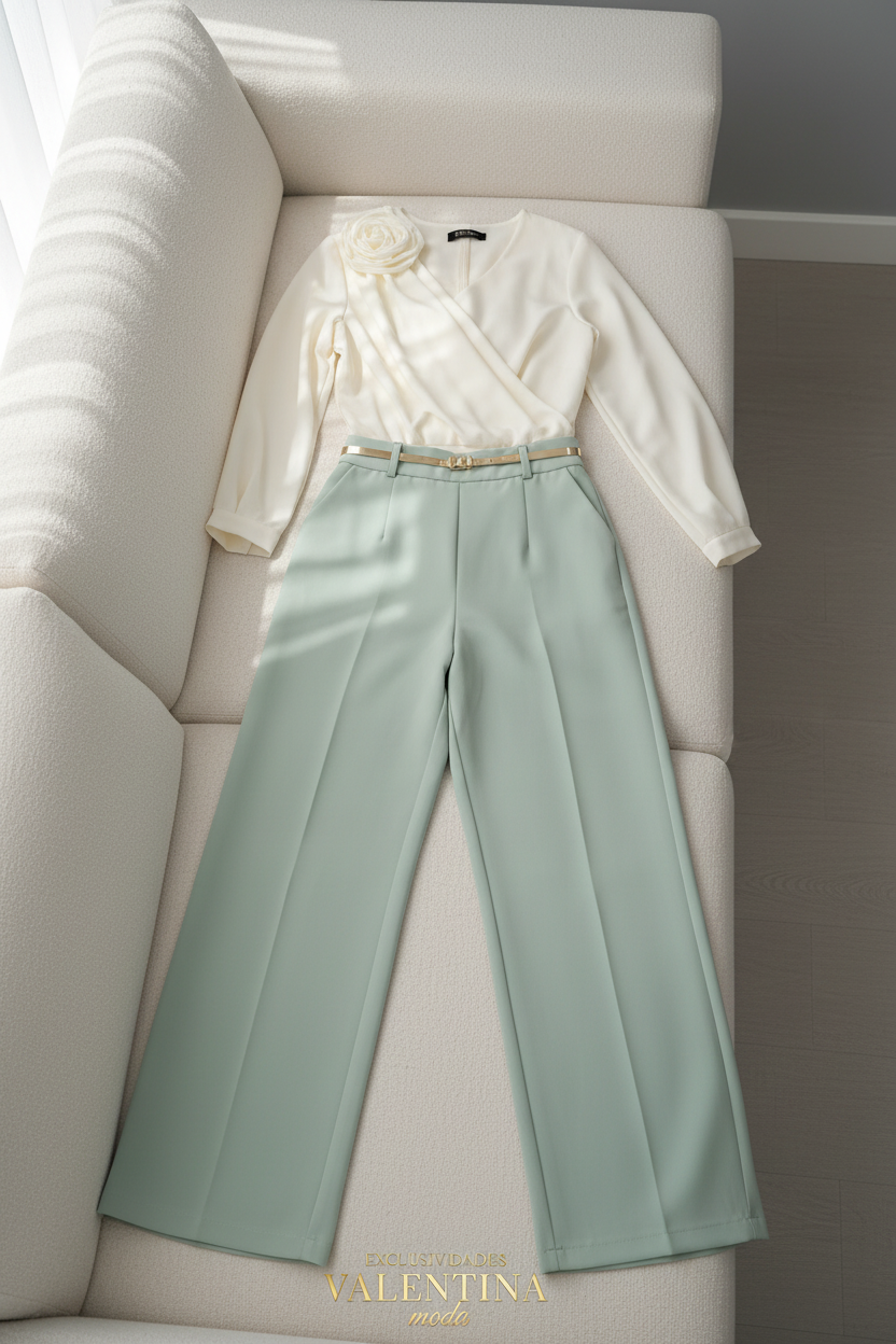 Conjunto Blusa Blanca y Pantalón Verde Menta cod.C730