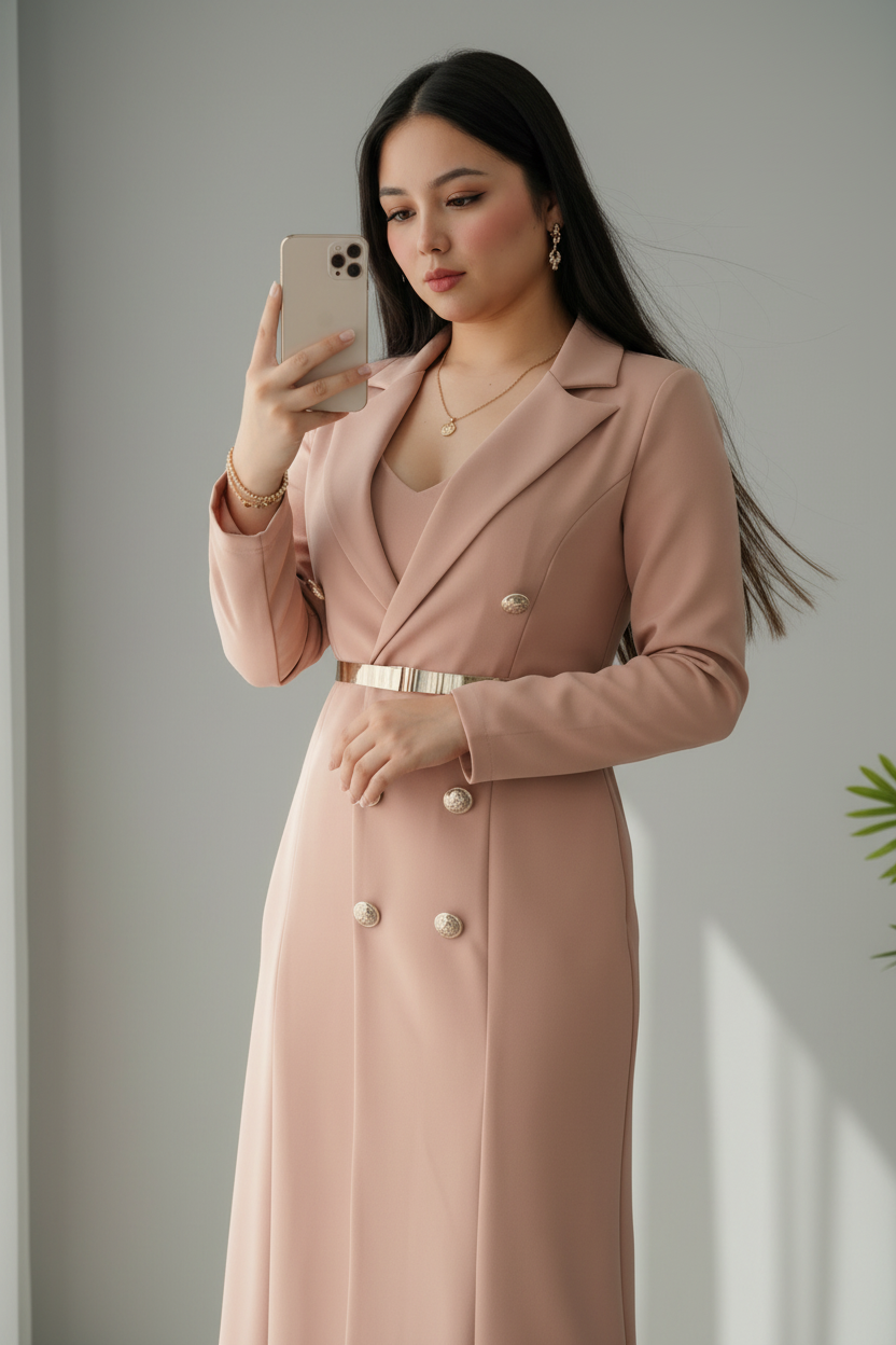 Vestido Blazer Rose Gold – Doble Botonadura con Cinturón Dorado cod.687