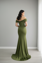 Vestido Largo Verde Militar - Off Shoulder con Perlas cod.V836