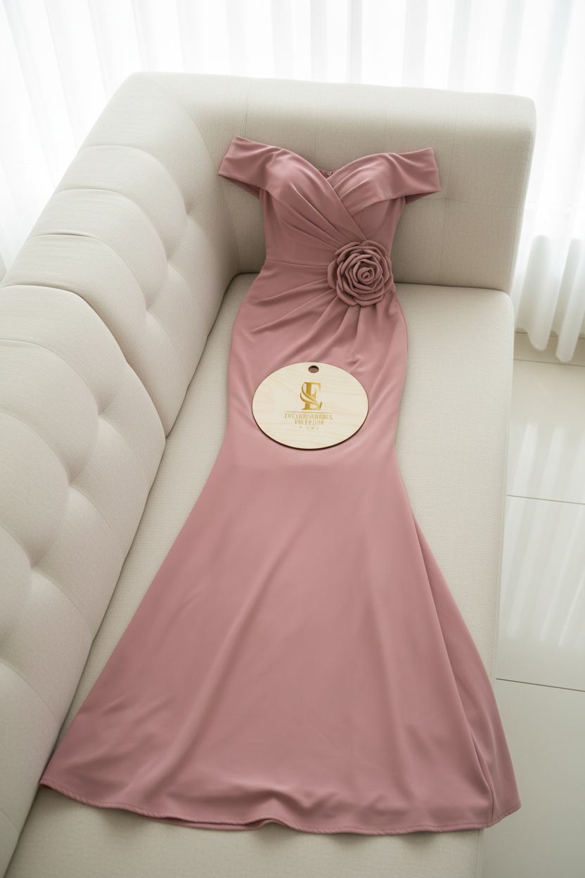 Vestido Off-Shoulder Rosa Palo con Rosa en Cintura cod.0062
