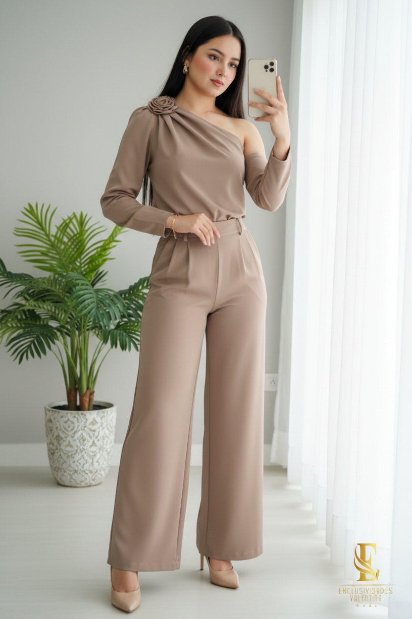 Conjunto Rosa Taupe — Top Hombro & Palazzo cod.0024