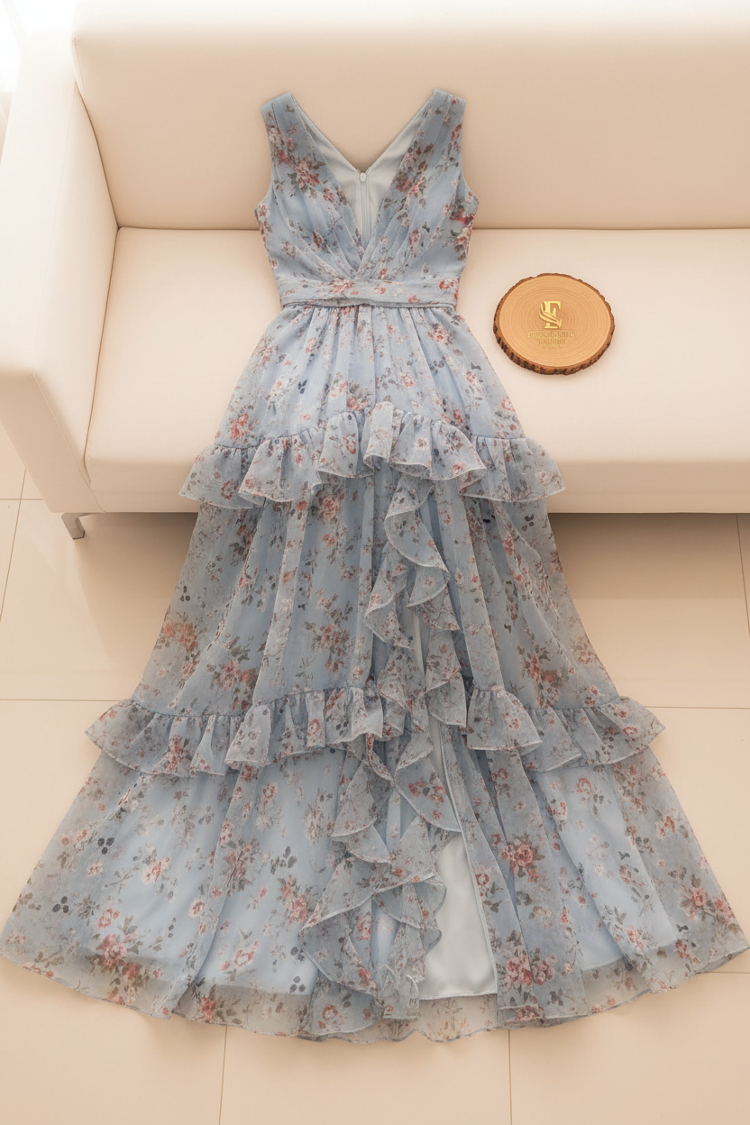 Vestido Azul Floral — Escote V, Volantes & Abertura cod.862