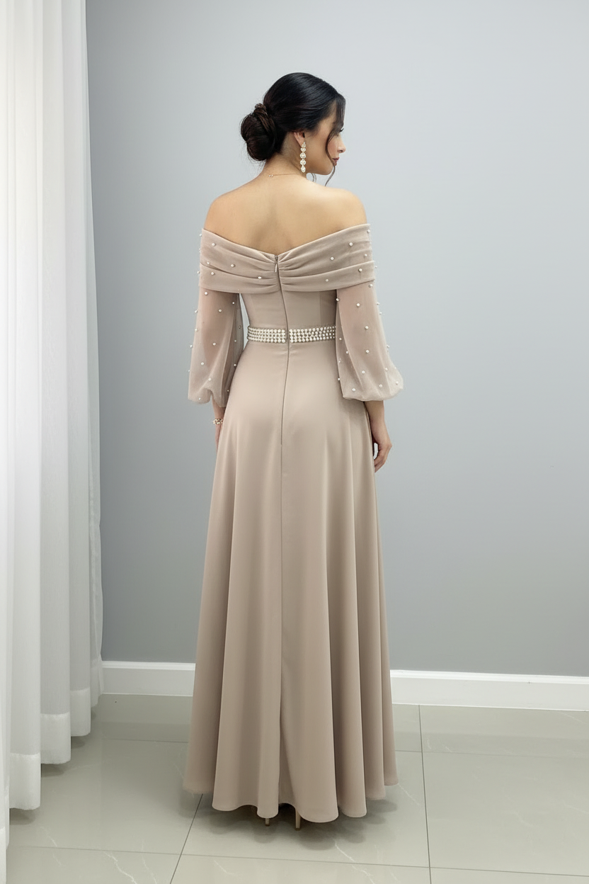 Vestido Champagne Beige Dorado Off-Shoulder Tul Perlas Cinturon Perlas A-Line cod.837