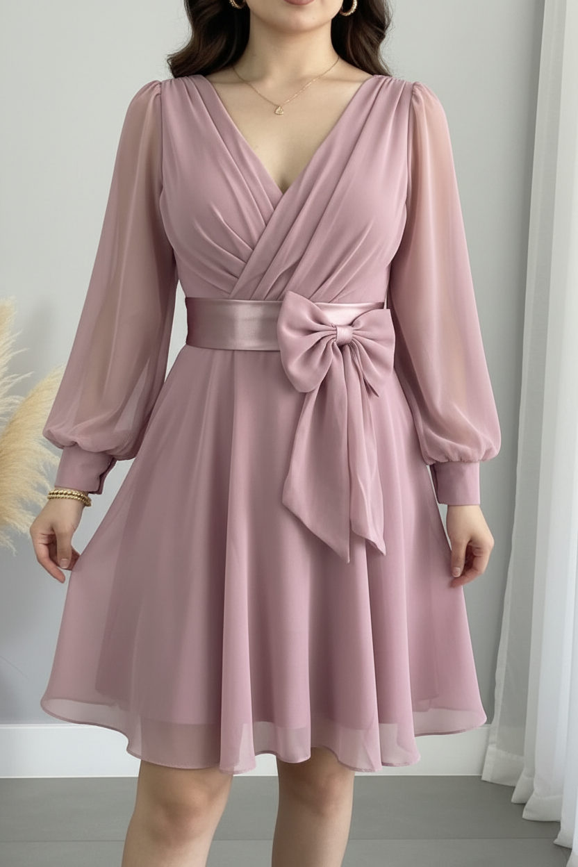 Vestido Rosa Palo Corto Manga Globo Chiffon Lazo Satinado cod.V0038