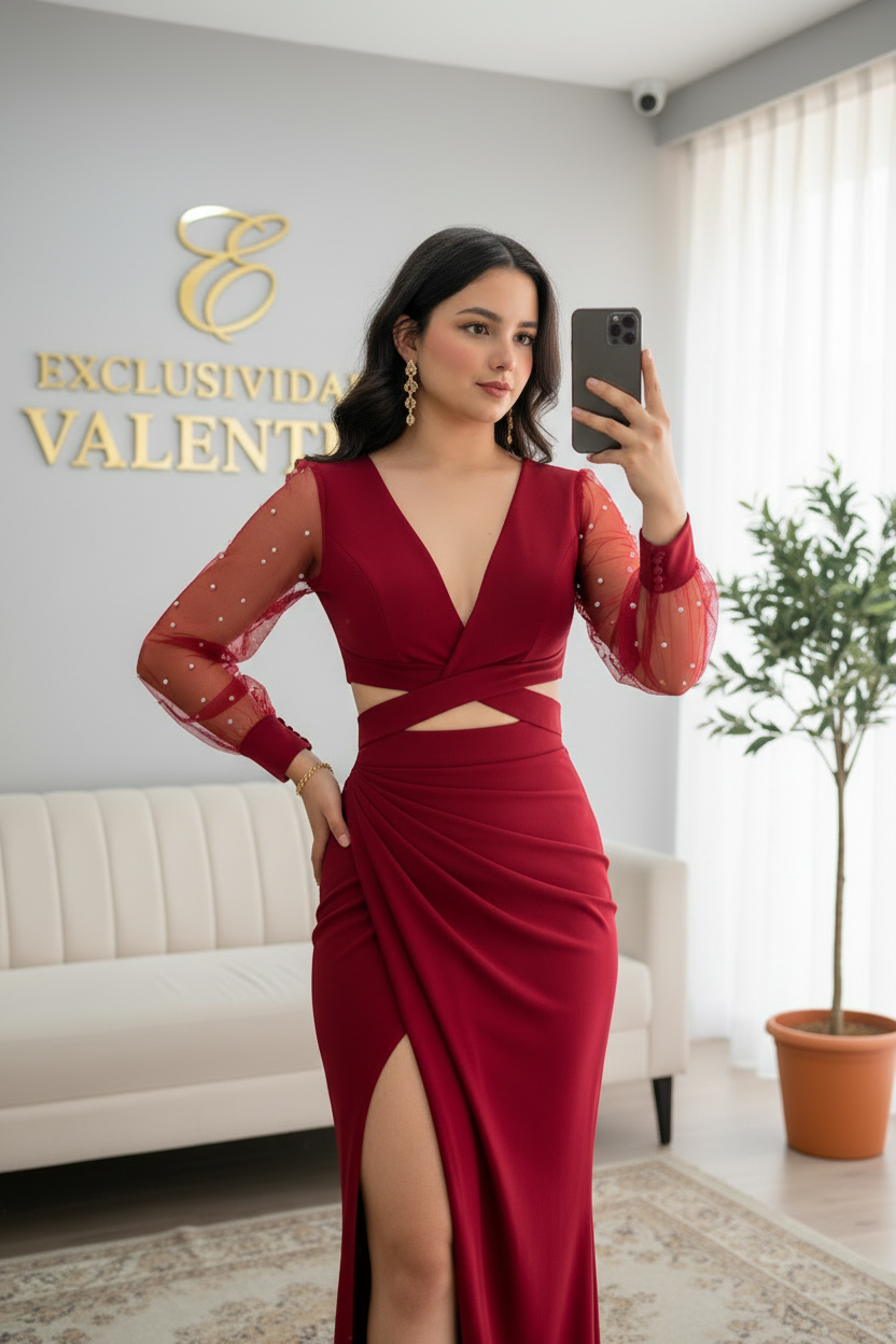 Vestido Vino Largo Escote V Mangas Tul Perlas Cut-Out Slit Gala cod.V593
