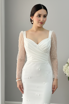 Vestido Nupcial Blanco Sirena Manga Larga de Tul con Perlas y Flores 3D cod.V967
