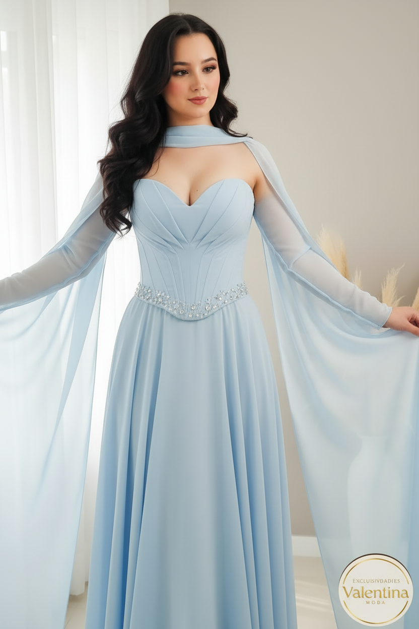 Vestido Gala Azul Cielo Halter con Capa cod.00123