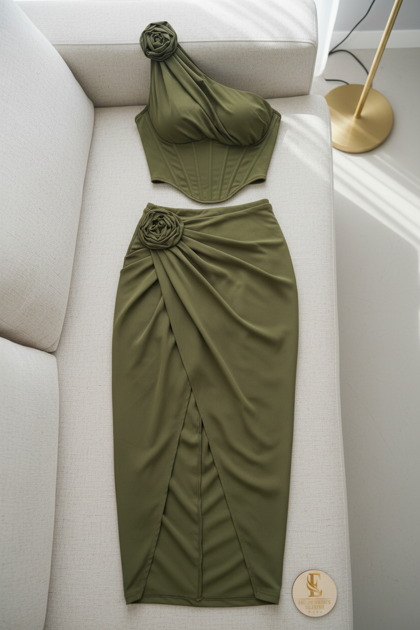 Conjunto Verde Oliva Top Un Hombro Corset Rosa 3D y Falda Drapeada Midi cod.760