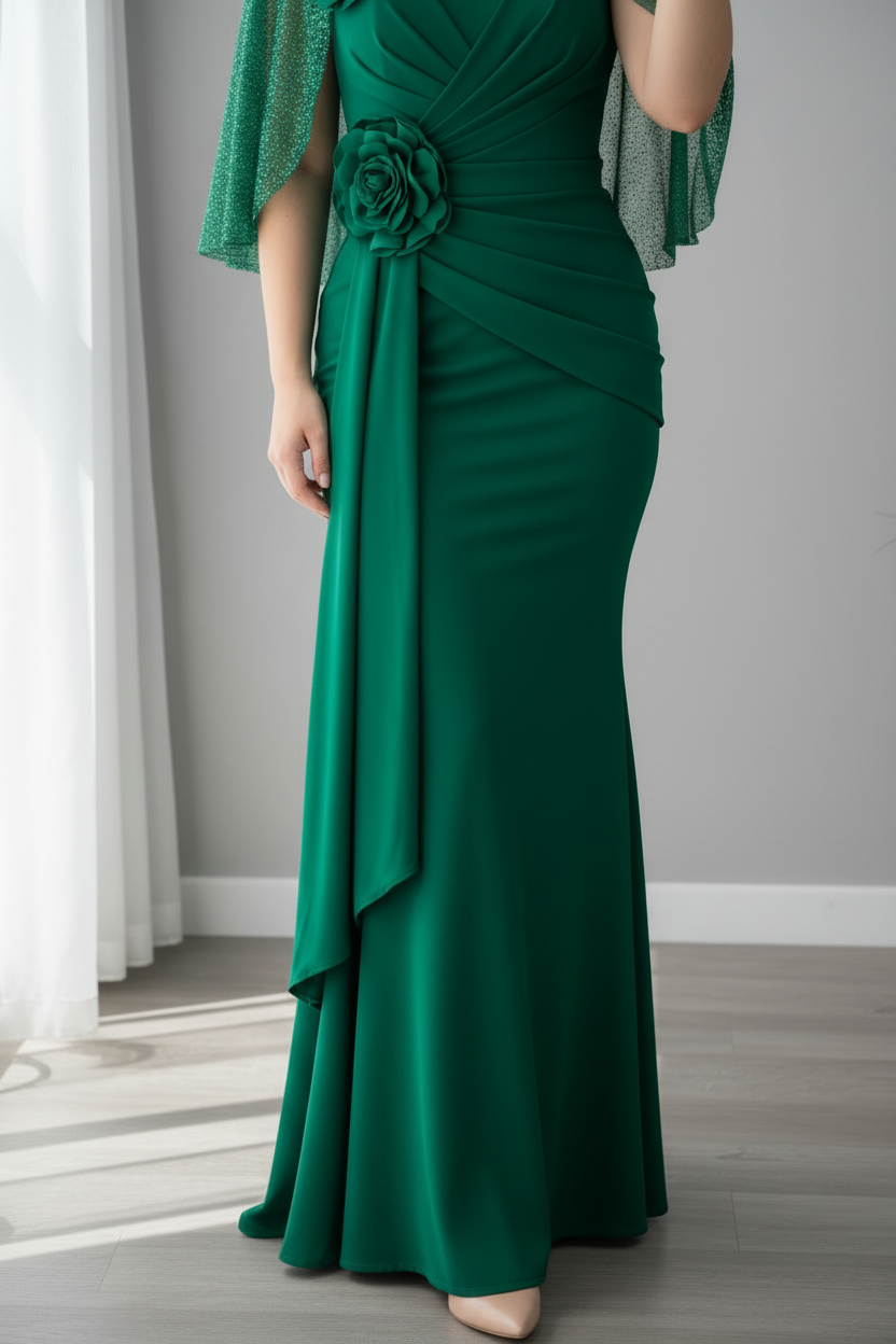 Vestido Verde Esmeralda Sirena con Bolero Tul y Rosas D cod.719