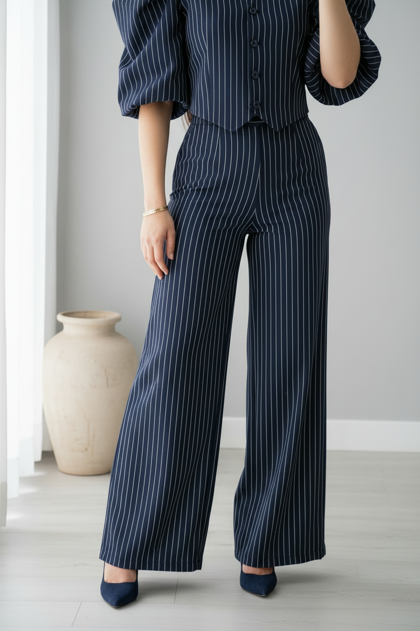 Conjunto azul marino rayas diplomáticas blusa manga globo pantalón wide leg C.1949