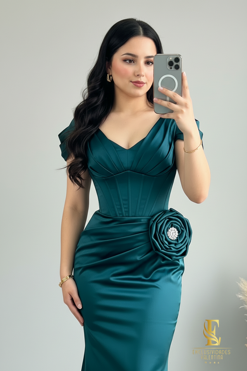 Vestido Largo Verde Azulado - Corset con Rosa 3D y Espalda con Tira cod.V843