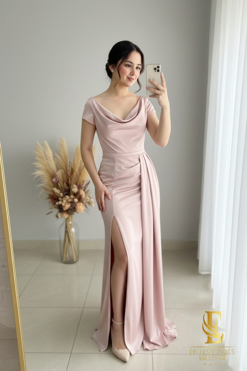 Vestido Sirena Rosa Palo | Cowl Neck y Abertura cod.V438