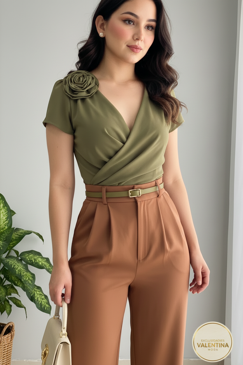 Conjunto 2 Piezas Top Verde Oliva Rosa 3D y Palazzo Terracota cod.00137