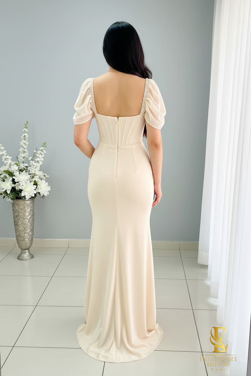 Vestido Sirena Champagne | Corsé con Tirantes de Pedrería y Manga Burbuja cod.V505