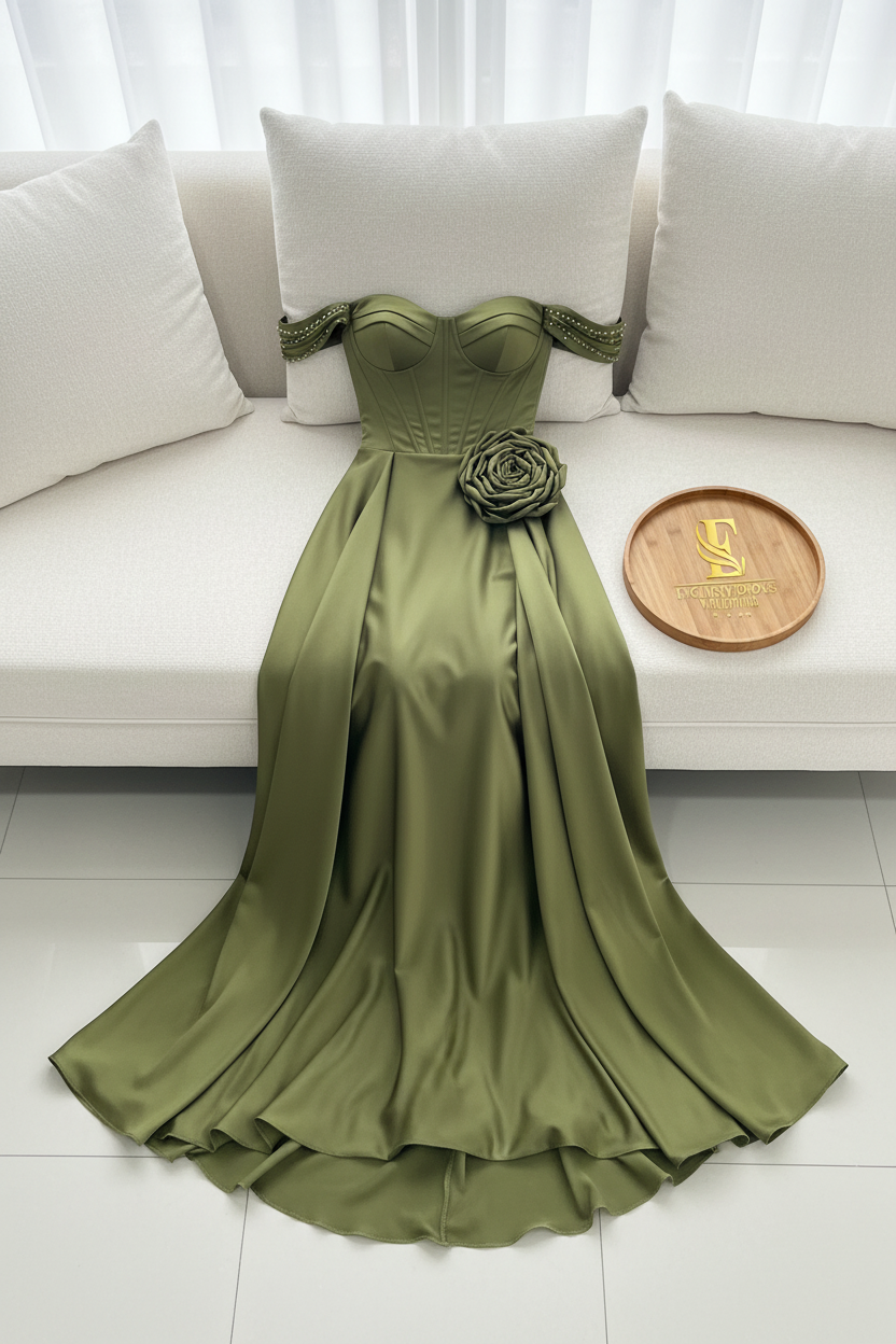 Vestido Verde Oliva Off-Shoulder Corsé Rosa Abertura cod.0021
