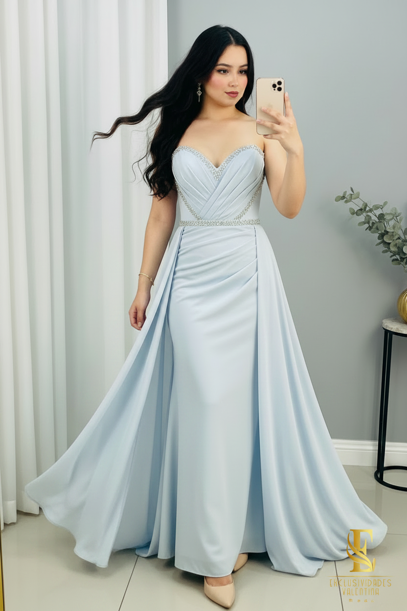 Vestido Azul Cielo Strapless con Cristales y Falda Doble cod.0064
