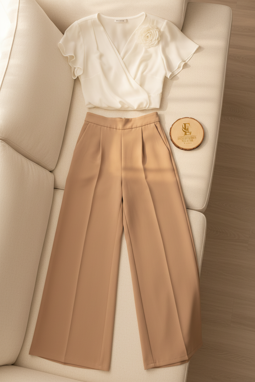 Conjunto Dos Piezas Top Wrap Crema Flor 3D Pantalon Palazzo Camel Wide Leg cod.843