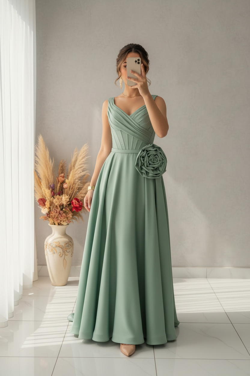 Vestido Verde Sage Gala Escote V Plisado Rosa 3D Falda A-line cod.V588