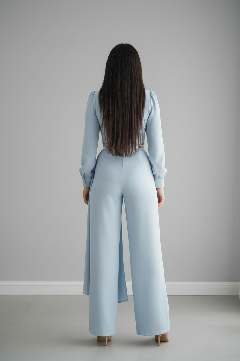 Conjunto Sky Blue Palazzo – Top Cruzado Drapeado Manga Larga + Pantalón Palazzo cod.694