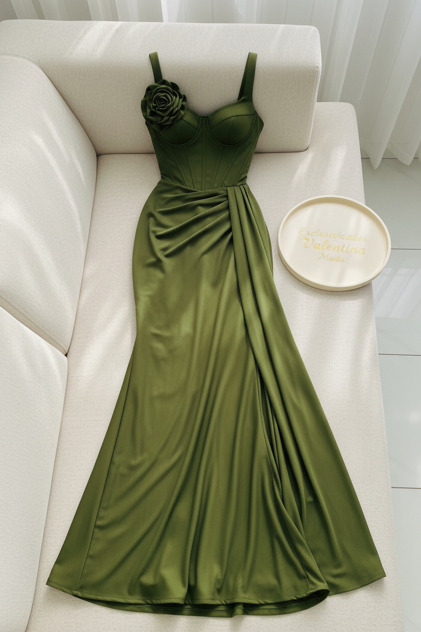 Vestido Sirena Verde Oliva Rosa 3D y Cola cod.635