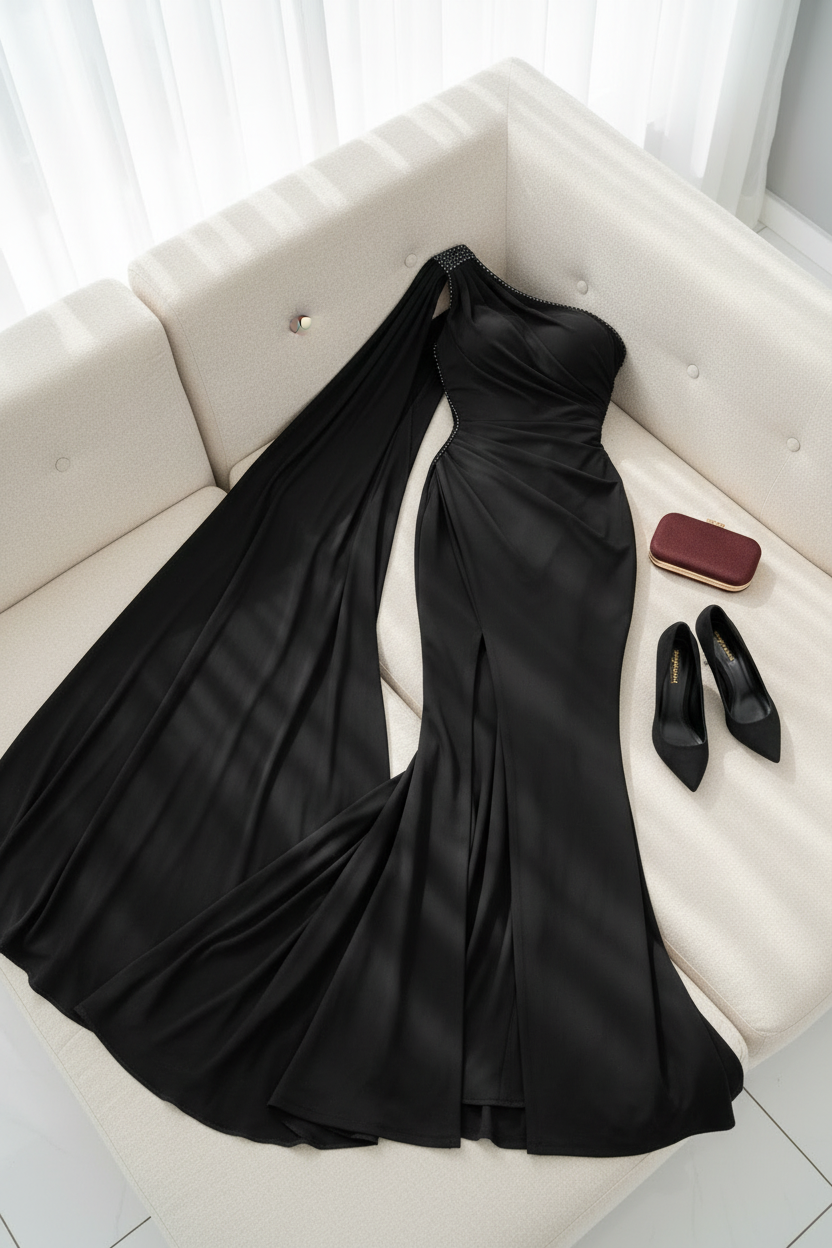 Vestido Negro Un Hombro Capa Larga Perlas cod.V316