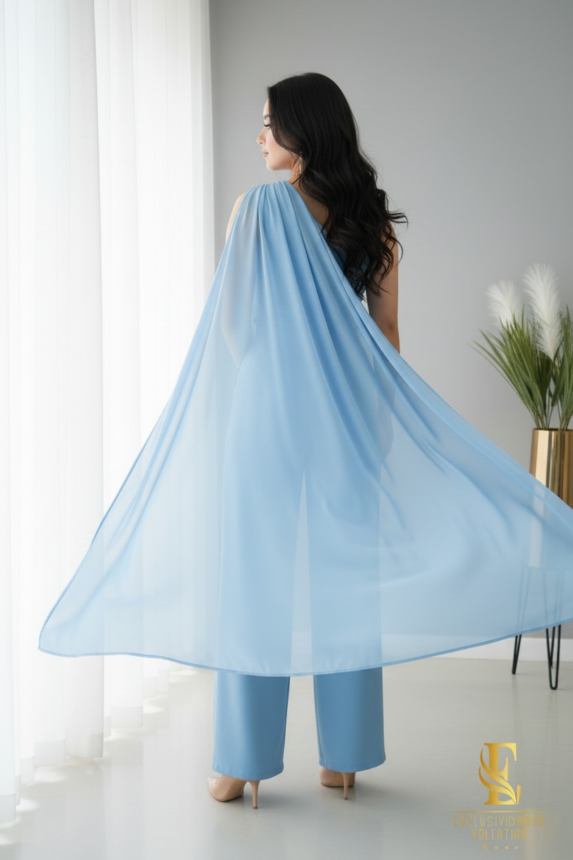 Conjunto Azul Cielo — Top Drapeado Un Hombro con Capa & Palazzo cod.0044