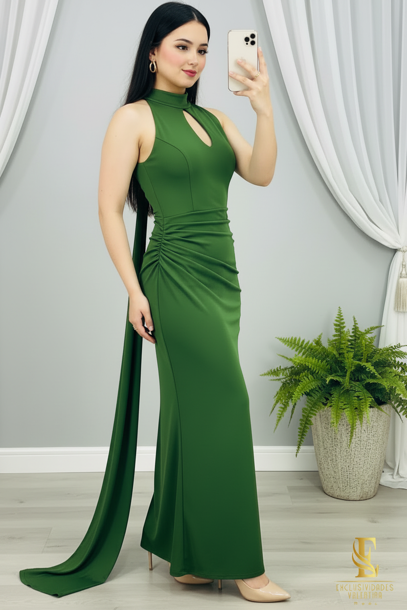 Vestido Verde Esmeralda — Halter Cut-Out Fruncido con Cola Lateral cod.0053