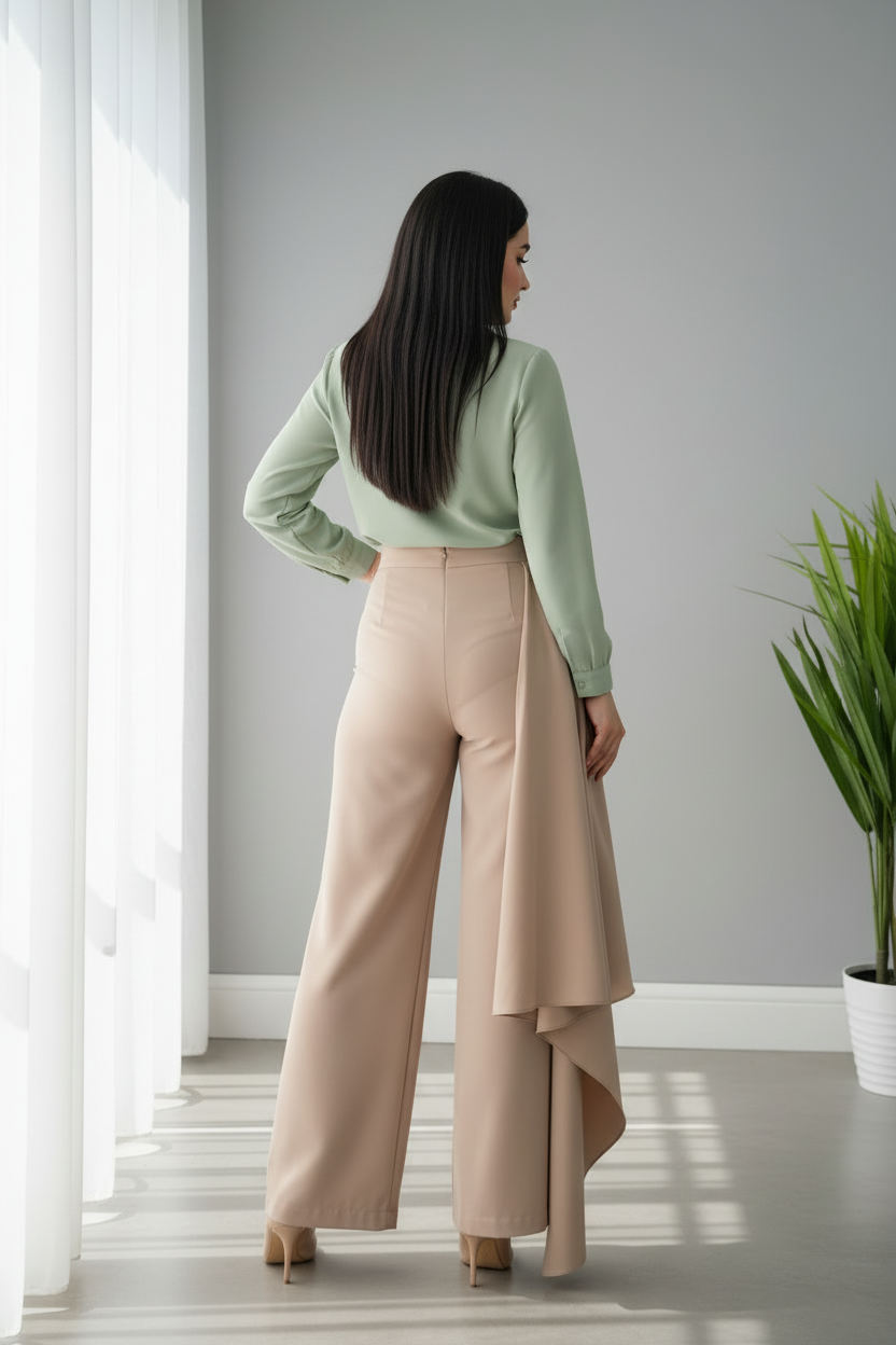 Conjunto Mint Rose & Beige Ruffle – Top Verde Menta Rosa 3D + Pantalón Palazzo Beige con Volantes cod.697