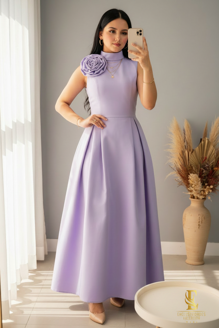 Vestido Lila Rosa 3D Cuello Alto cod.00159