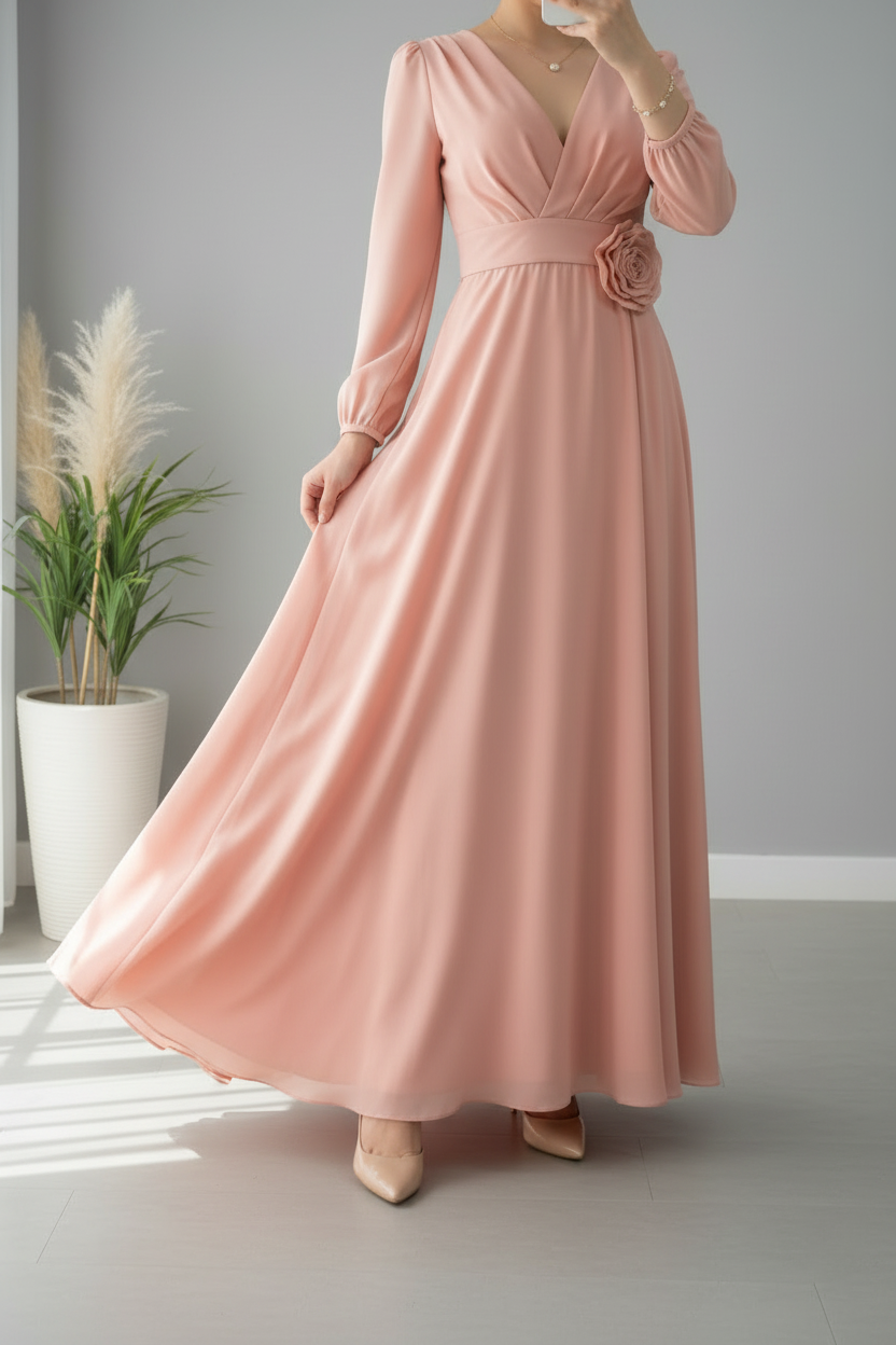Vestido Rosa Palo — Escote V, Rosa 3D & Falda Maxi cod.865