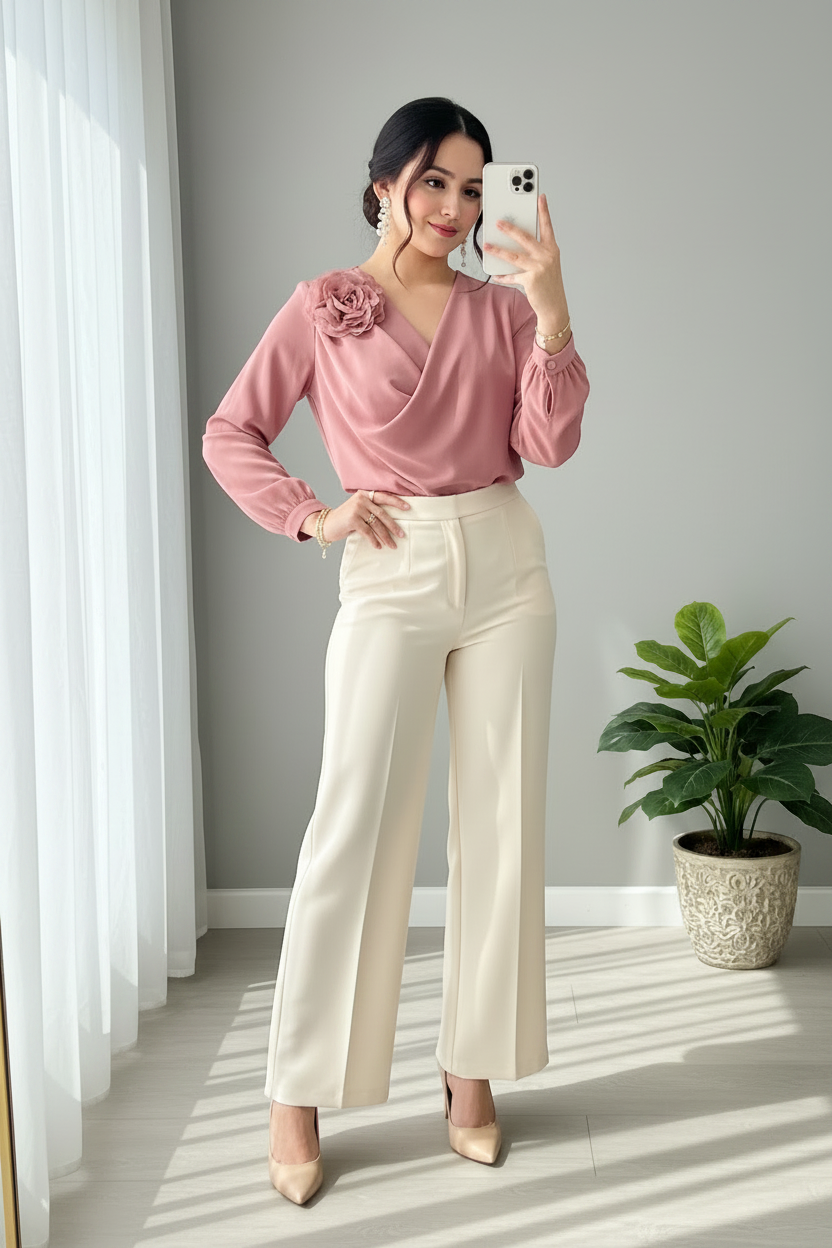 Pantalón Palazzo Crema — Tiro Alto & Corte Recto cod.868