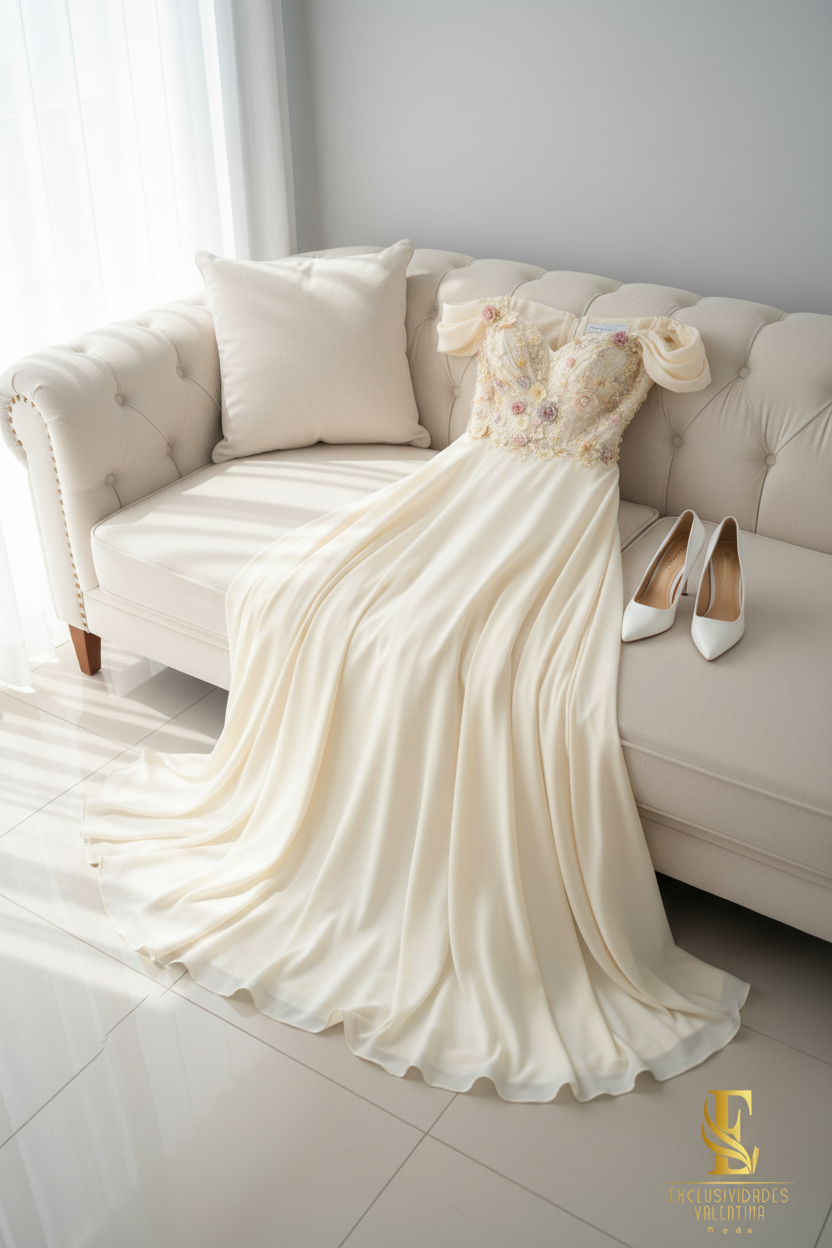 Vestido Ivory Off Shoulder Bordado Floral 3D cod.V397