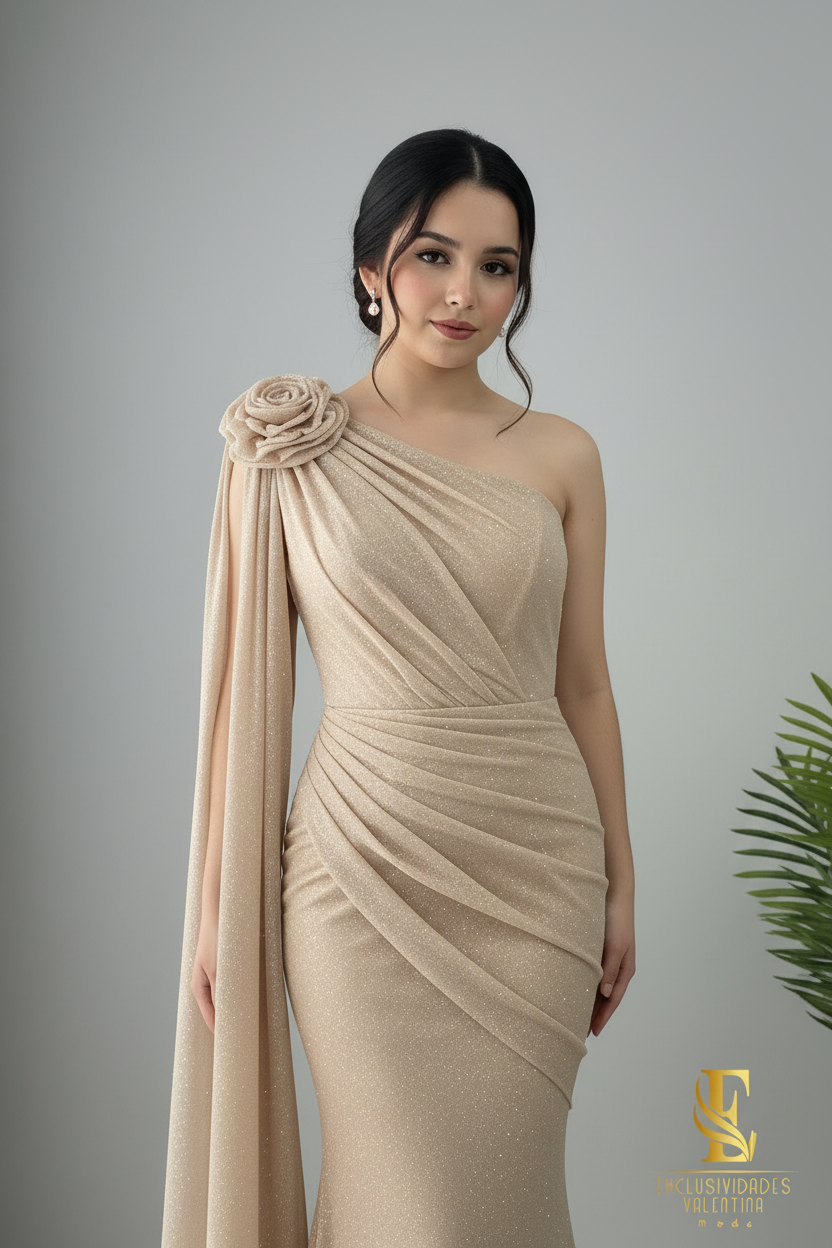 Vestido Sirena Champagne Dorado Un Hombro con Rosa Espiral y Capa Drapeada cod.V251