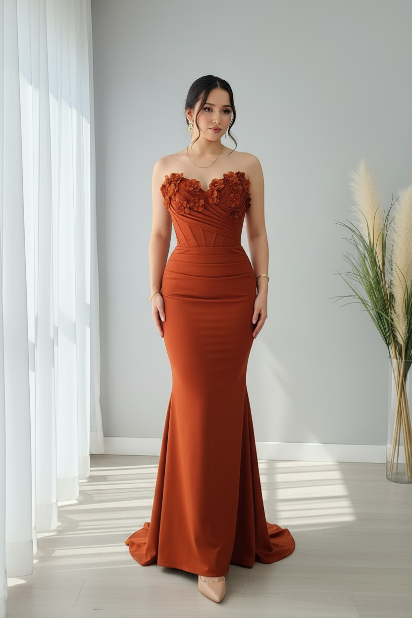 Vestido Sirena Terracota — Escote Corazón Strapless, Flores 3D & Corpiño Fruncido cod.896