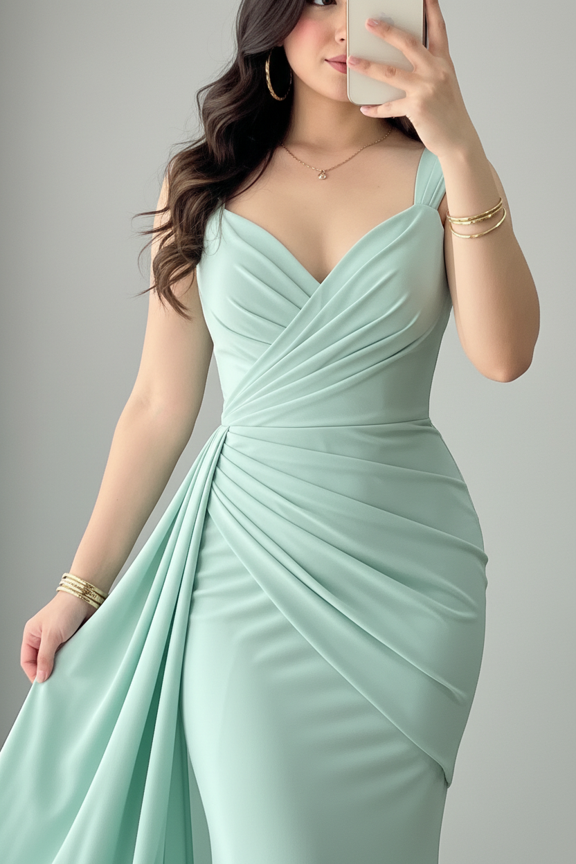 Vestido Aqua Menta Sirena con Train Lateral cod.955