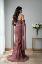 Vestido Gala Rosa Palo Sirena Corset Perlas Cristales Mangas Capa Tul cod.V0035