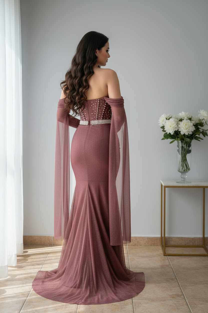 Vestido Gala Rosa Palo Sirena Corset Perlas Cristales Mangas Capa Tul cod.V0035