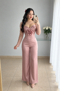 Conjunto rosa palo corsé con rosa 3D y pantalón palazzo cod. CJ006