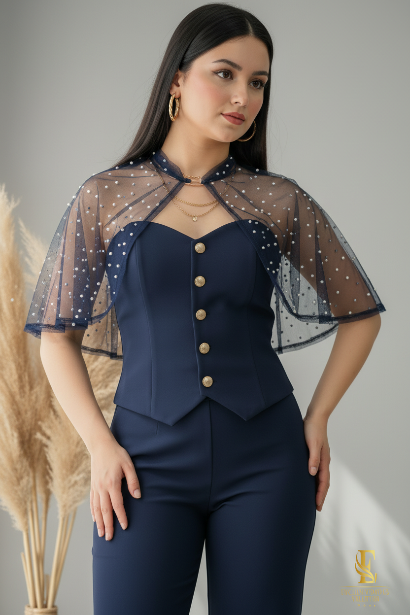 Conjunto Azul Marino — Corset con Capa de Tul & Palazzo cod.0031