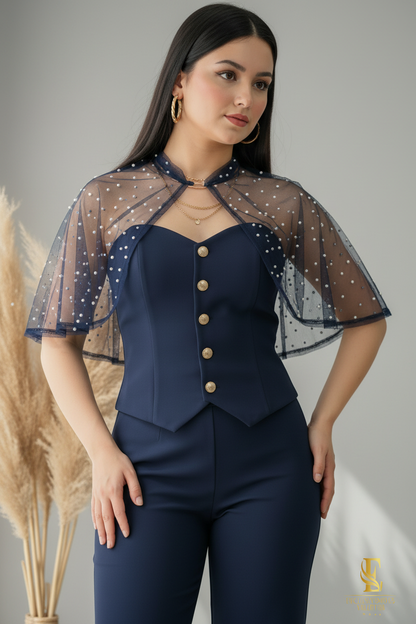 Conjunto Azul Marino — Corset con Capa de Tul & Palazzo cod.0031