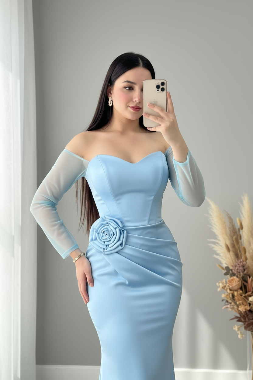 Vestido Azul Cielo Off-Shoulder Manga Tul Rosa D cod.V424