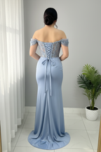 Vestido Azul Acero Off-Shoulder Sirena Encaje Plateado cod.V684