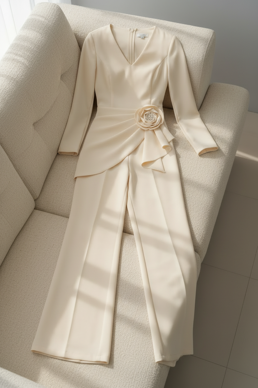 Conjunto Formal Ivory Blusa Asimétrica Rosa 3D y Palazzo cod.C0034