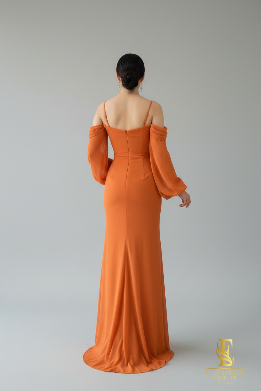 Vestido Naranja Sirena Off Shoulder Mangas Globo Abertura V337