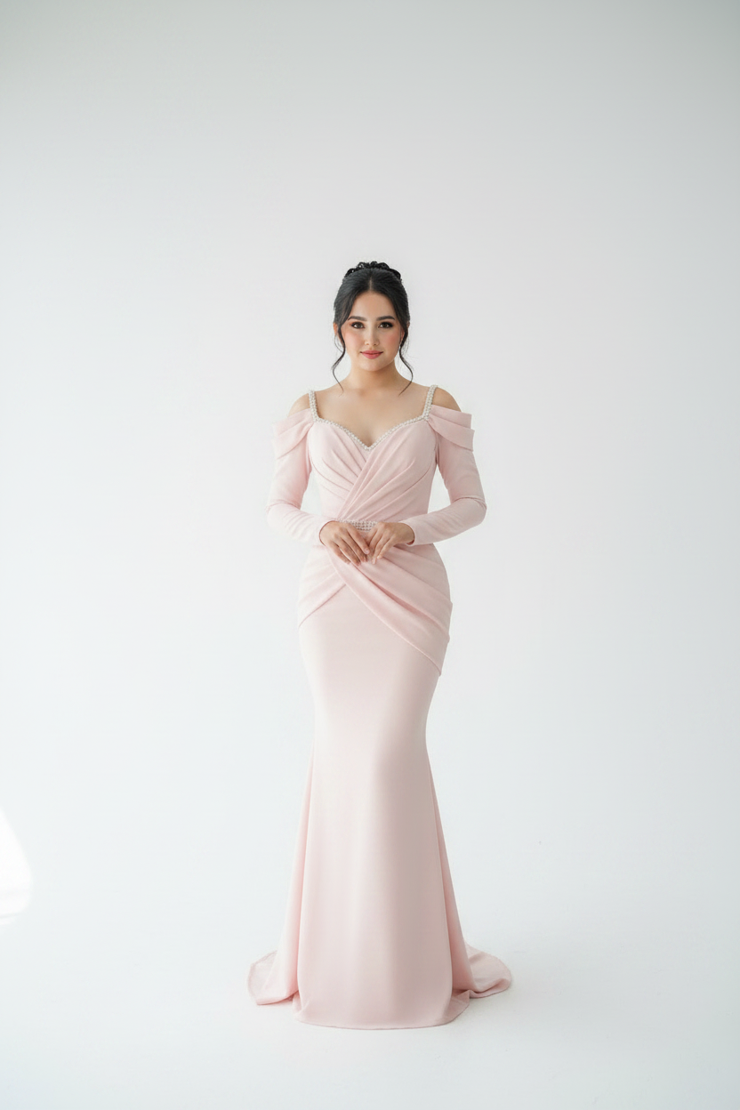 Vestido Rosa Palo Sirena Drapeado Strass cod.V240