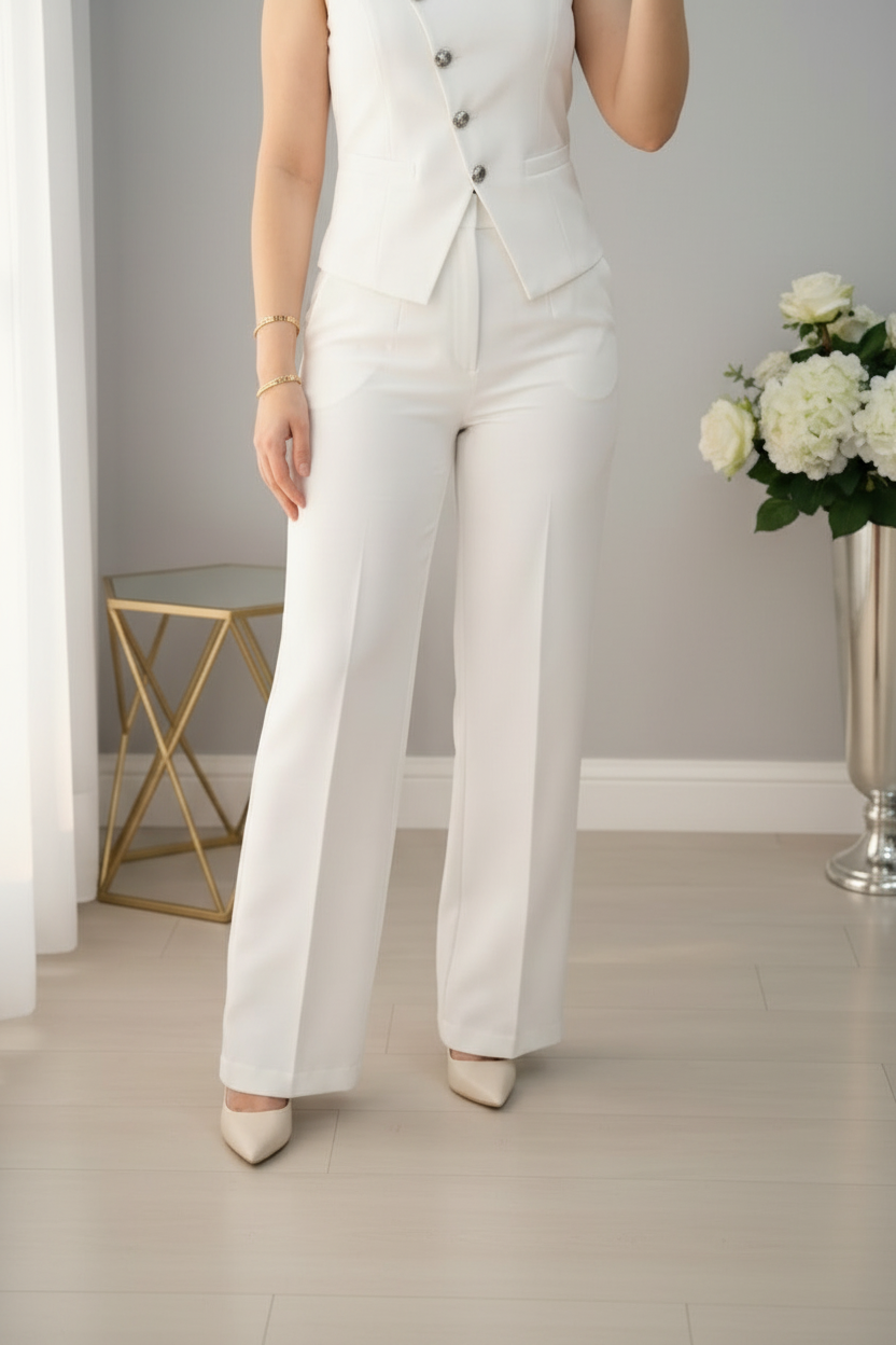 Conjunto Dos Piezas Blanco Chaleco Sin Mangas Botones de Cristal y Pantalón Palazzo cod.C966