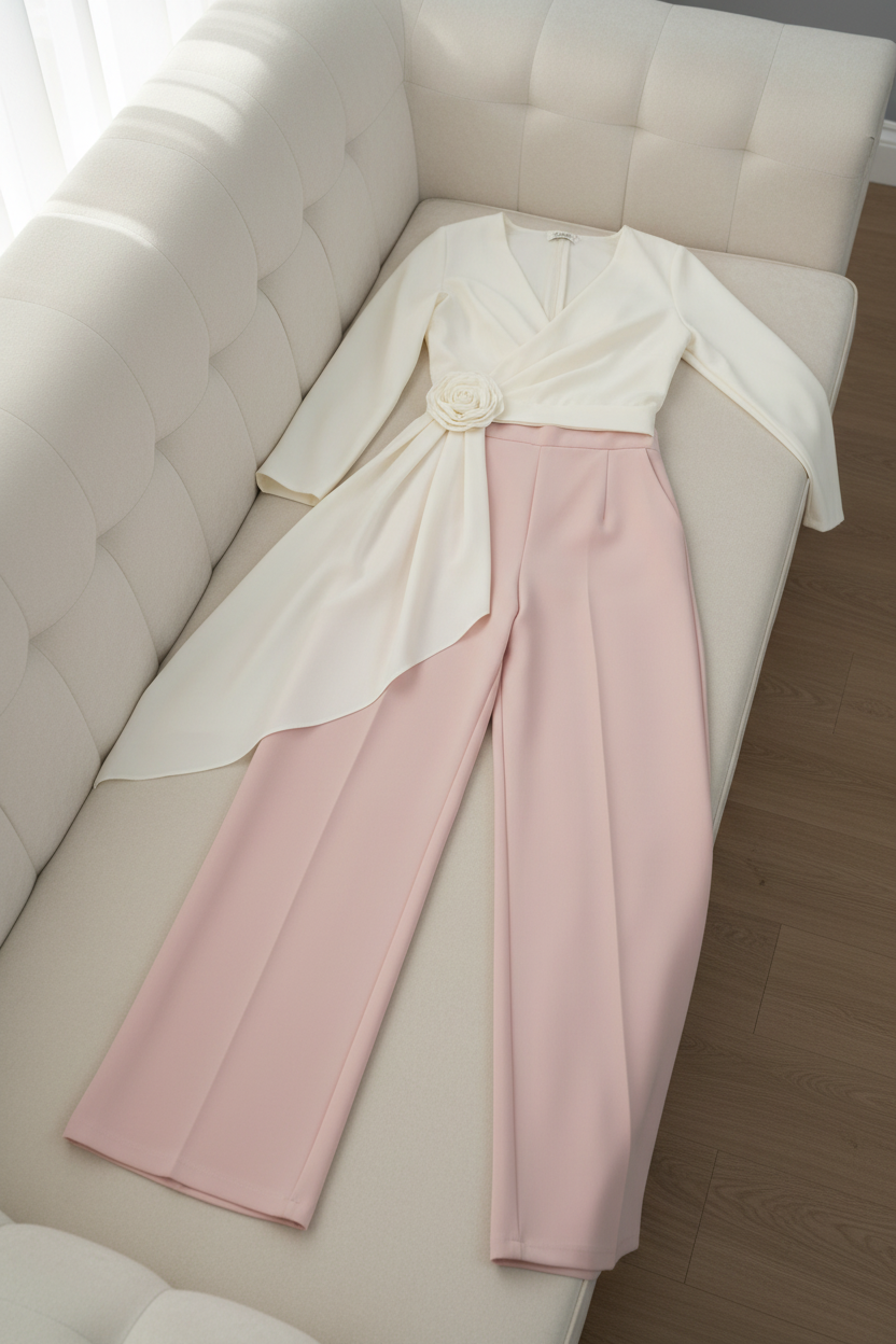 Blusa Cruzada Blanca con Rosa 3D y Panel Asimétrico